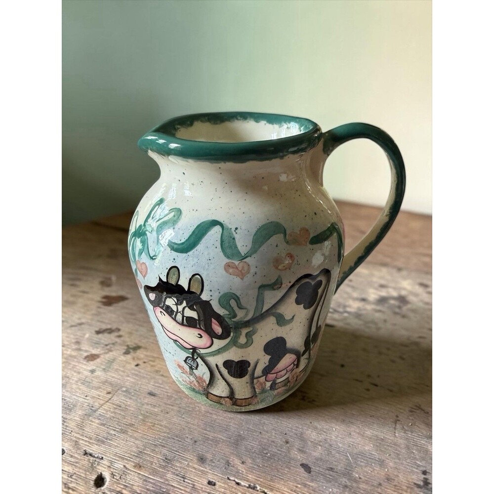 Vtg Hand Painted Ceramic Stoneware Pitcher w/ Cow Green & White Spongeware 6.5”